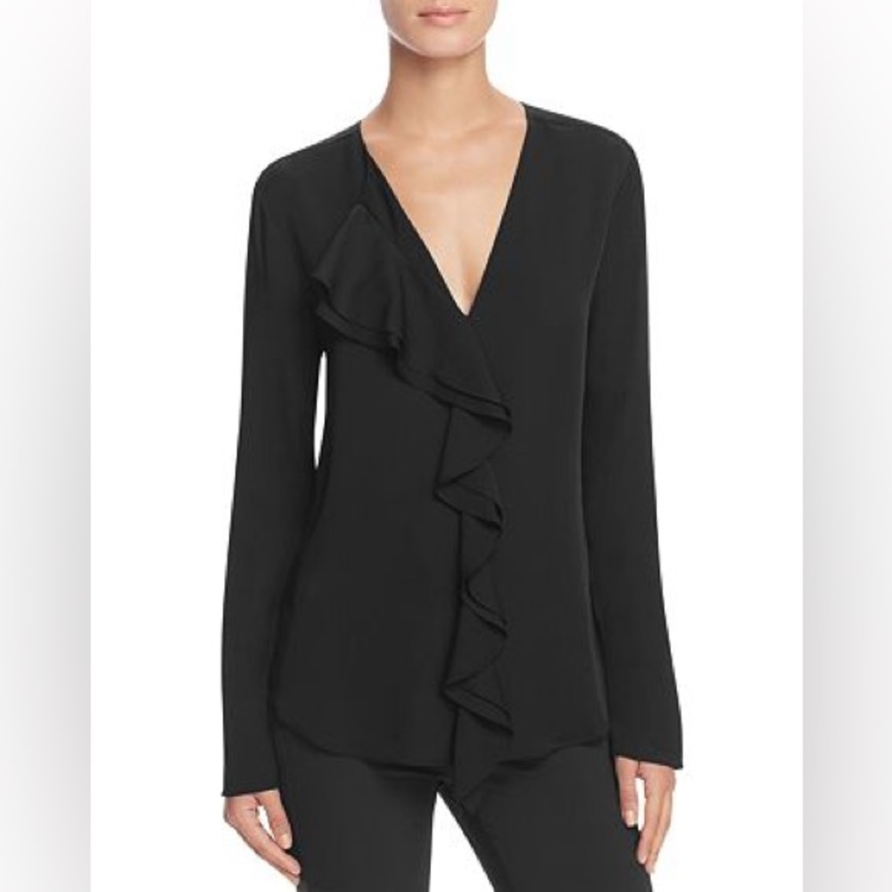 Theory Jastrid Black 100% Silk Business Professional V-Neck Ruffle Modern Blouse